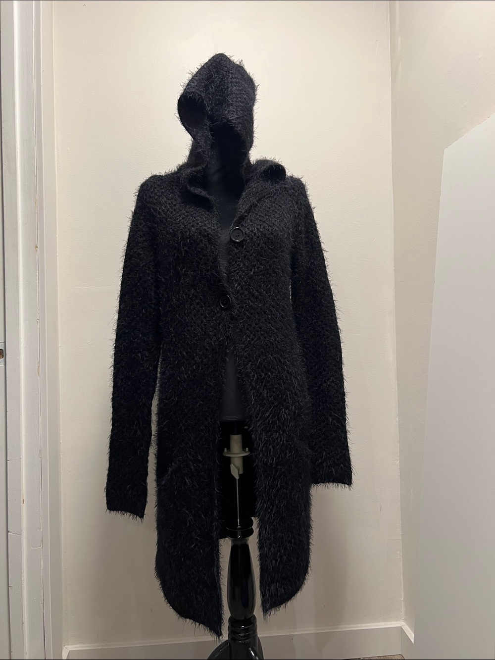 BCBG MaxAzria Fuzzy Loose Knit Hoodie Cardigan Long Open Waterfall Front NWT